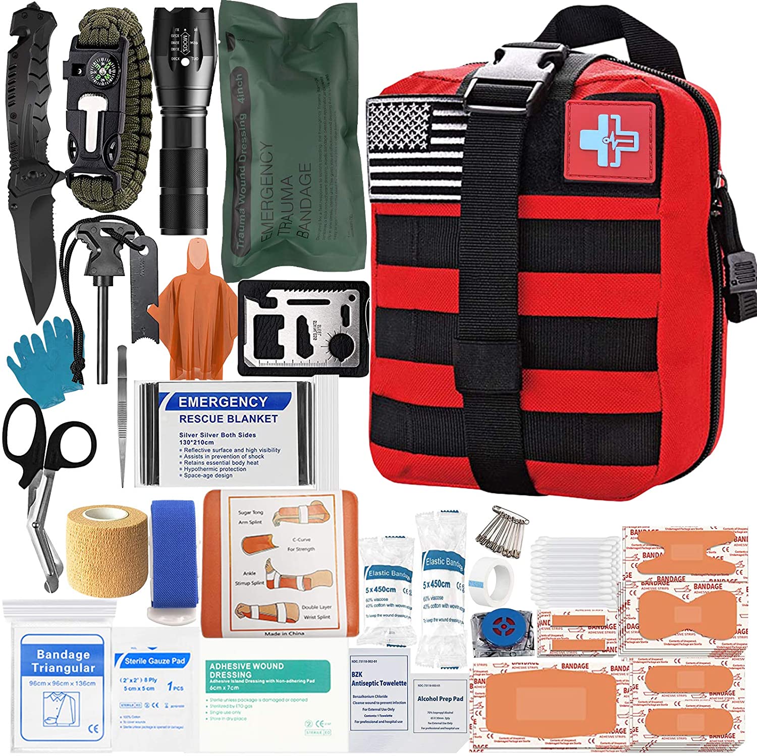Trauma First Aid Kit with Survival Gear Outdoor Tactical Gear Set Military Grade Molle System for Camper Travel Hunting Hiking and Adventures