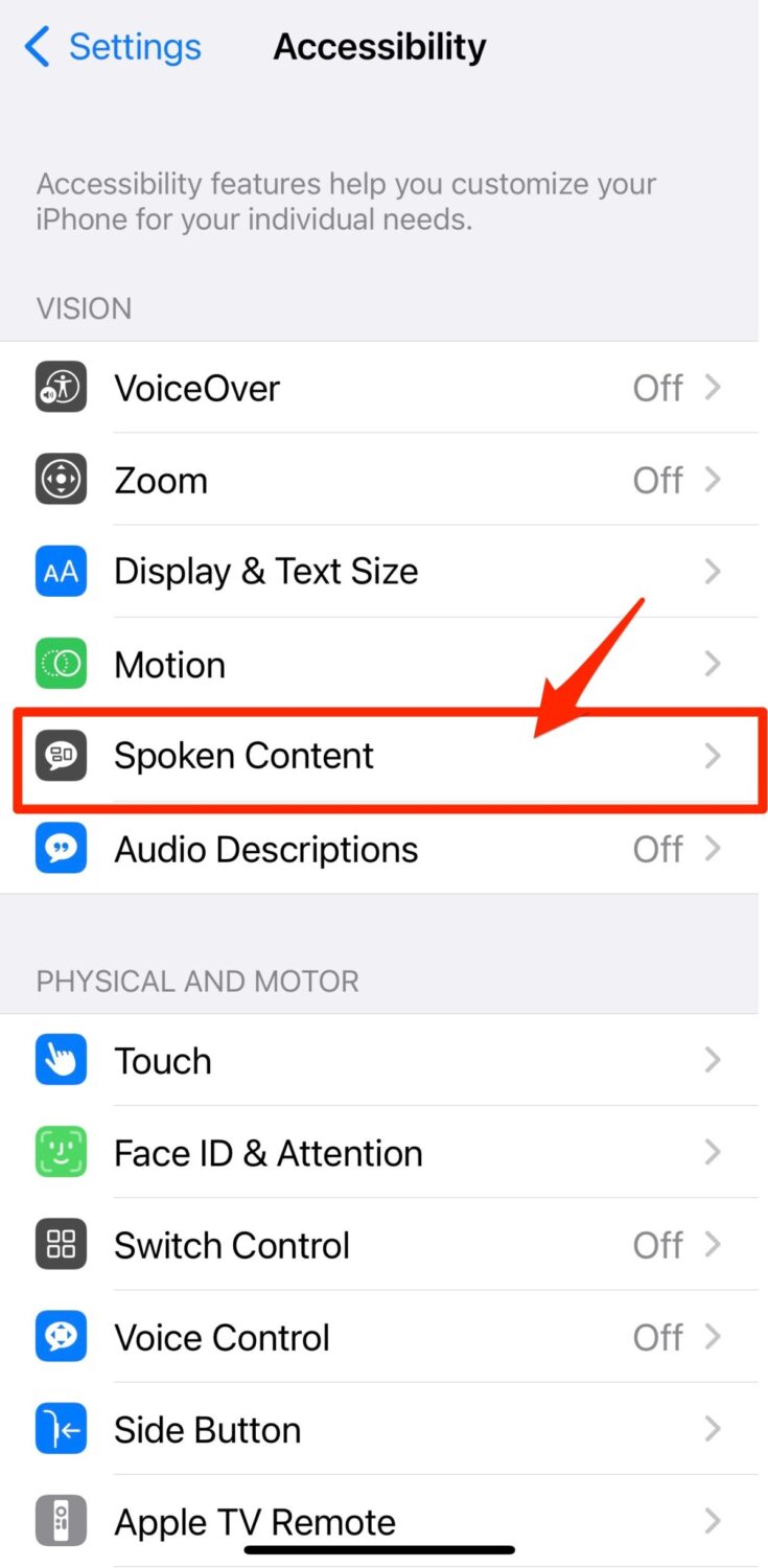How To Have Your IPhone Read Text To You - Spoken Content option in iPhone Accessibility screen