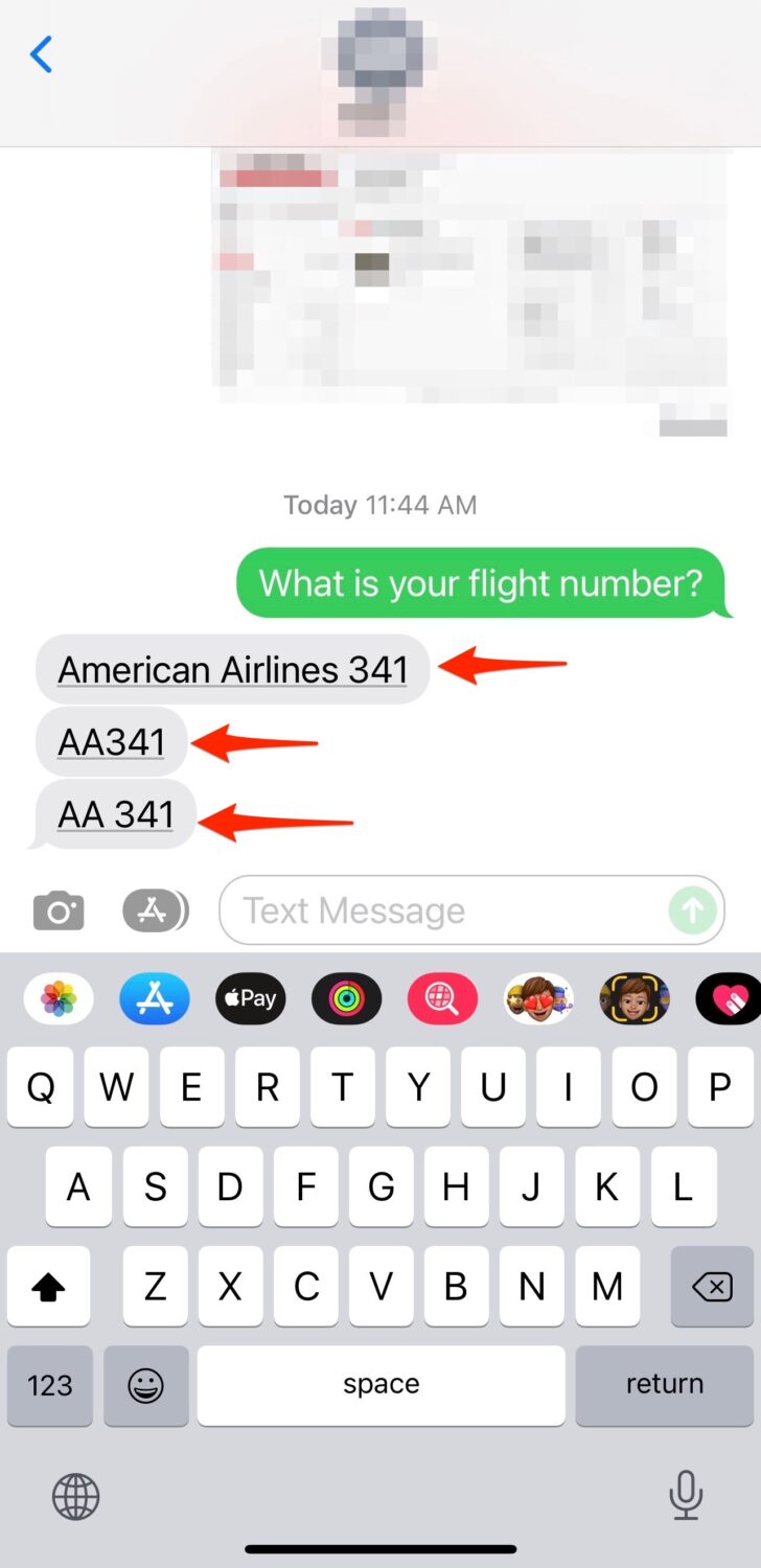 iphone screen with clickable flight number