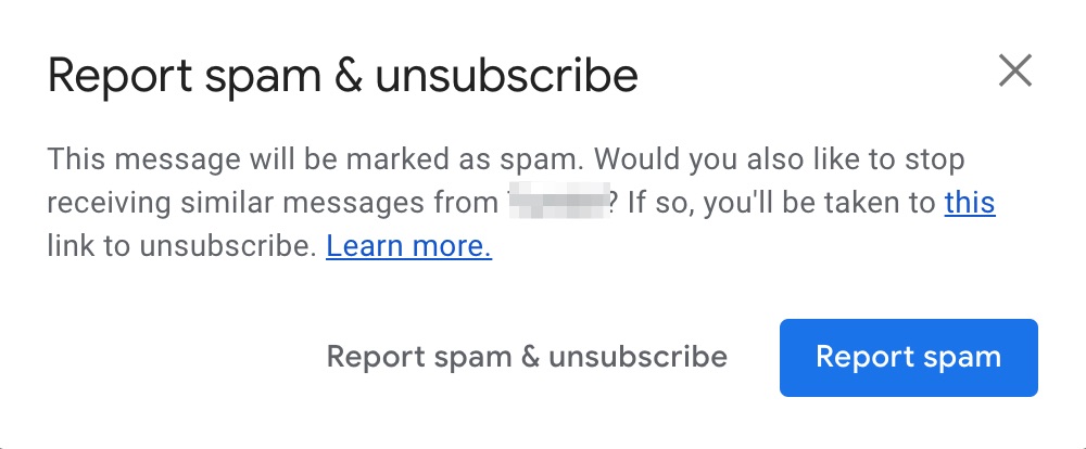 Gmail pop up box to report spam and unsubscribe