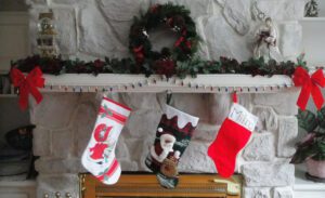 Stockings hanging from fireplace