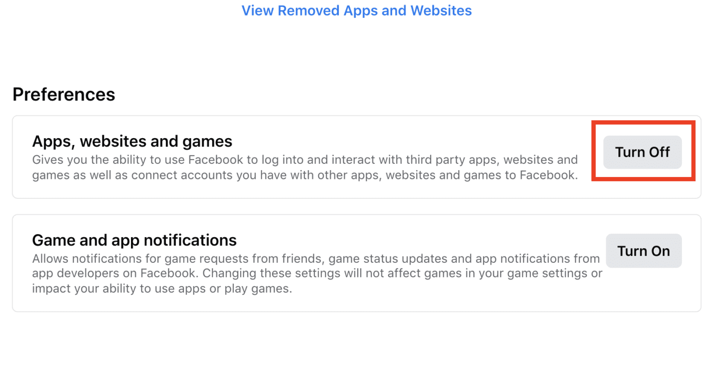 Take a step further by selecting the ‘Turn off’ button, under ‘Preferences’ for both ‘Apps, Websites and games’ as well as ‘Game and app notifications’