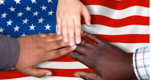 american flag and hands uniting for charity