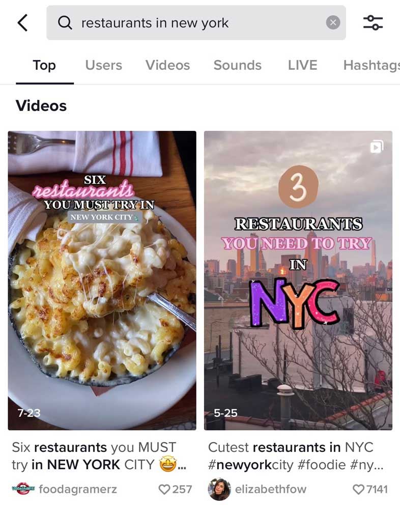 TikTok search page restaurants new york