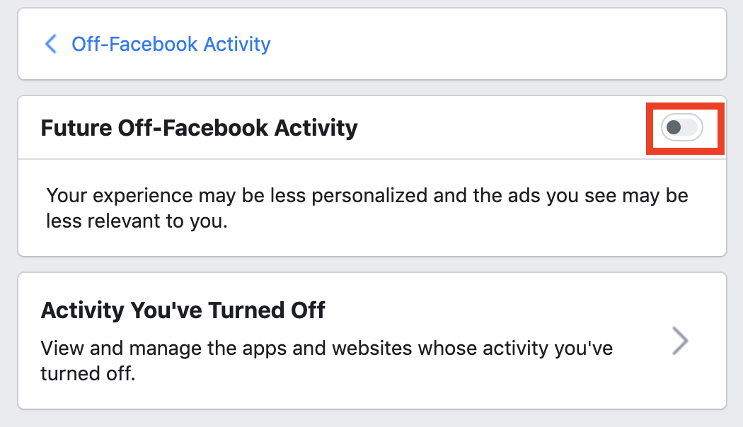 Future off-facebook activity turned off
