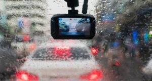 dash cam in car on a rainy day