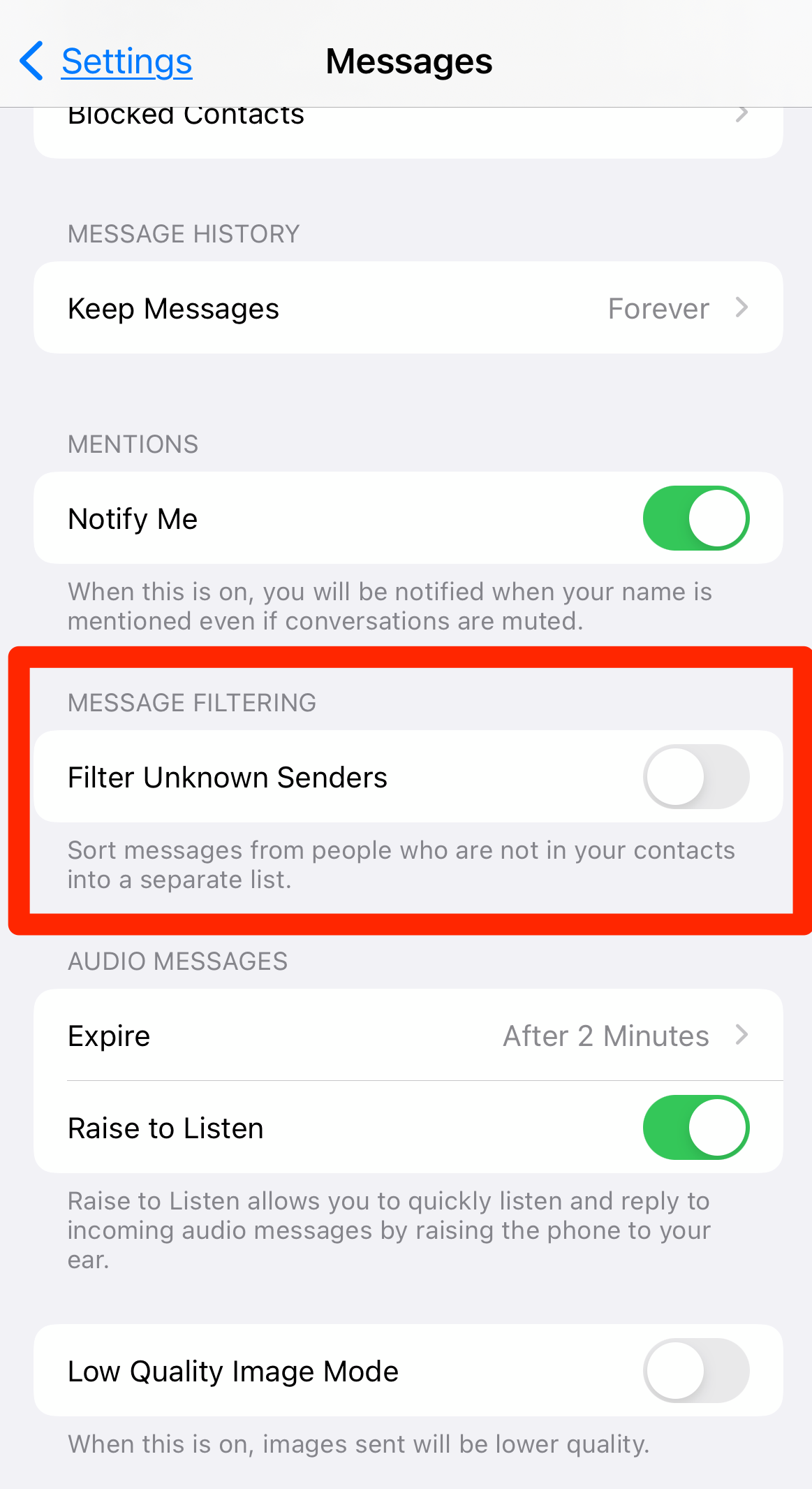 iPhone screen of Filter Unknown Senders