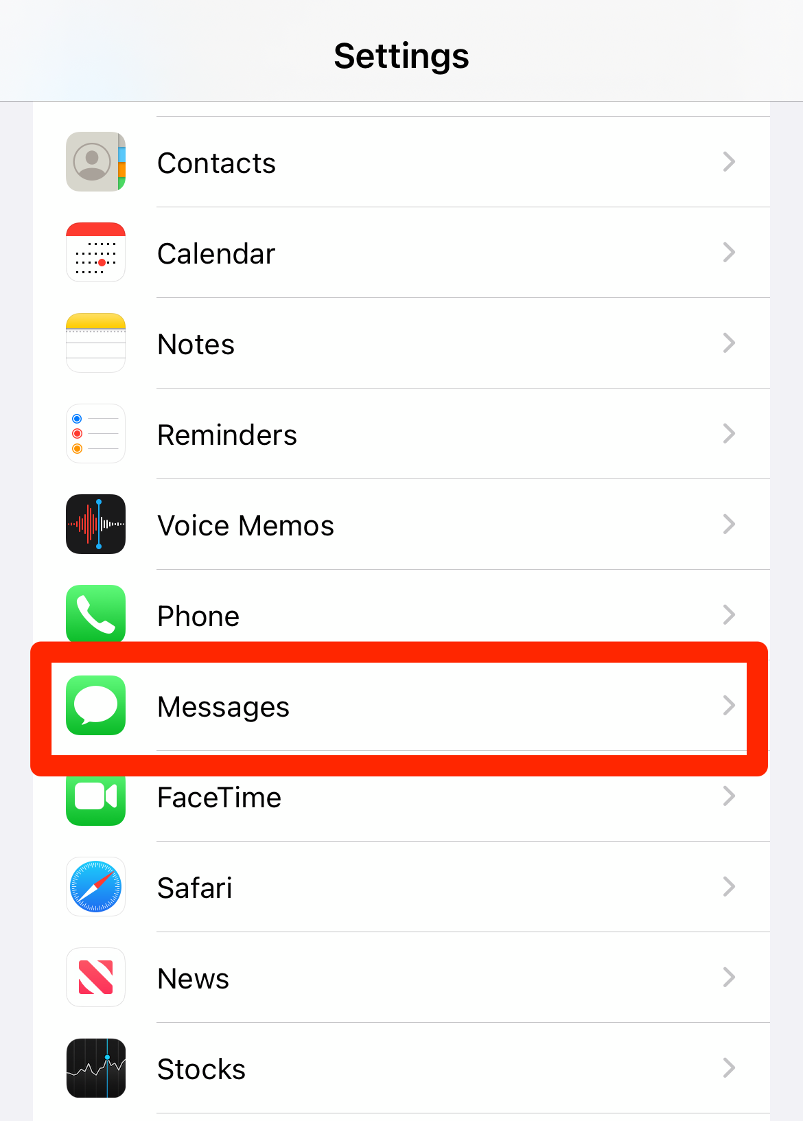 iPhone screen showing Messages app in the settings