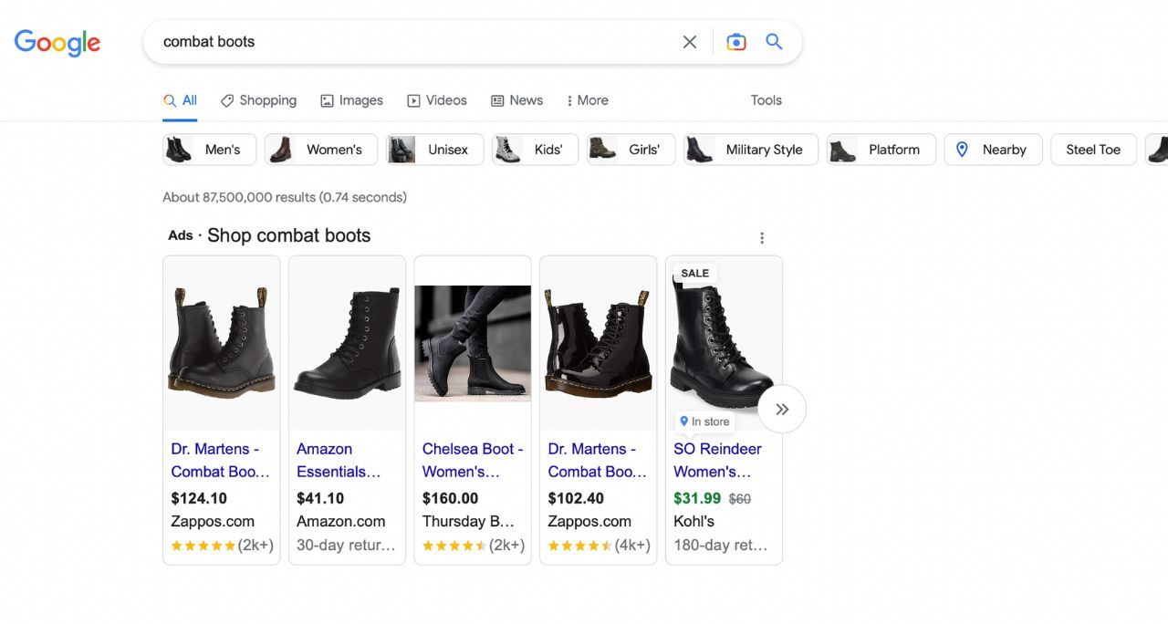 Google search result for combat boots