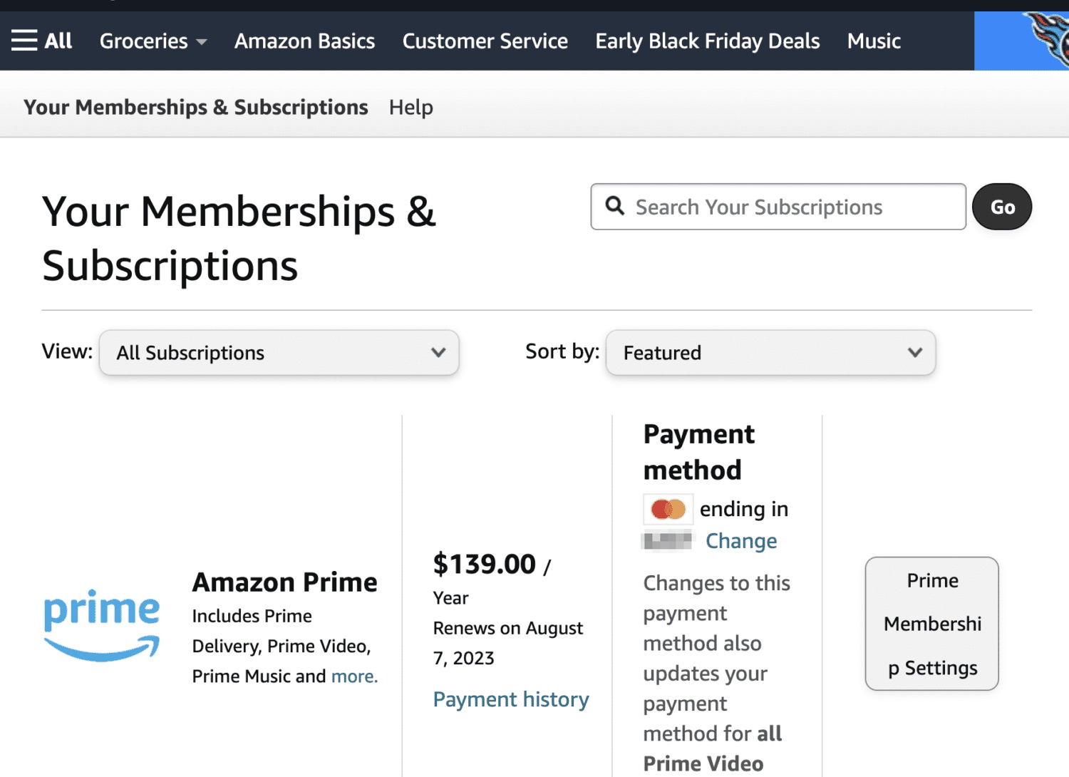 Amazon membership and subscription screen