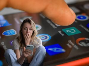 Finger on Android apps, woman concerned looking at phone