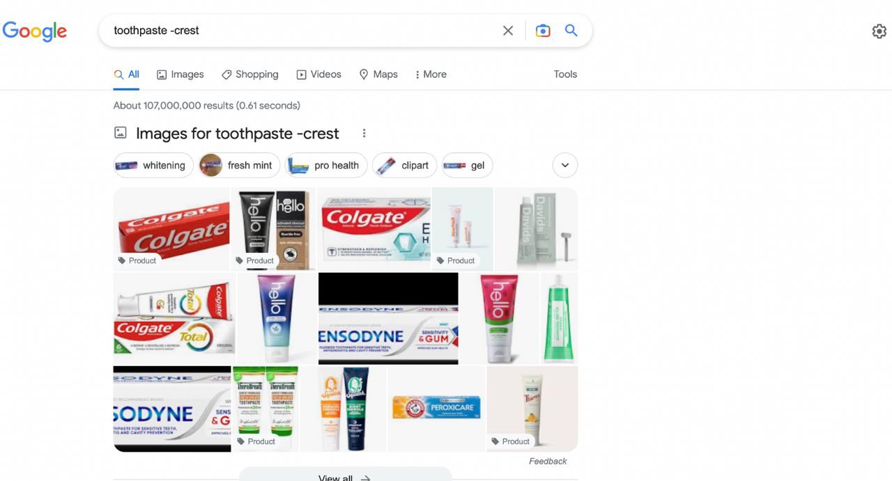 Google search for toothpaste brands