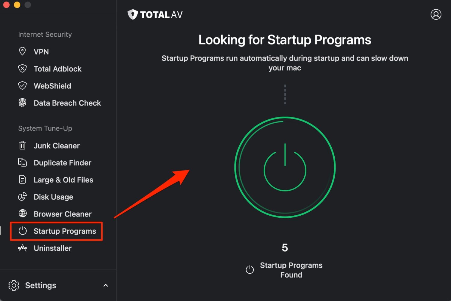 TotalAV dashboard featuring Startup Programs