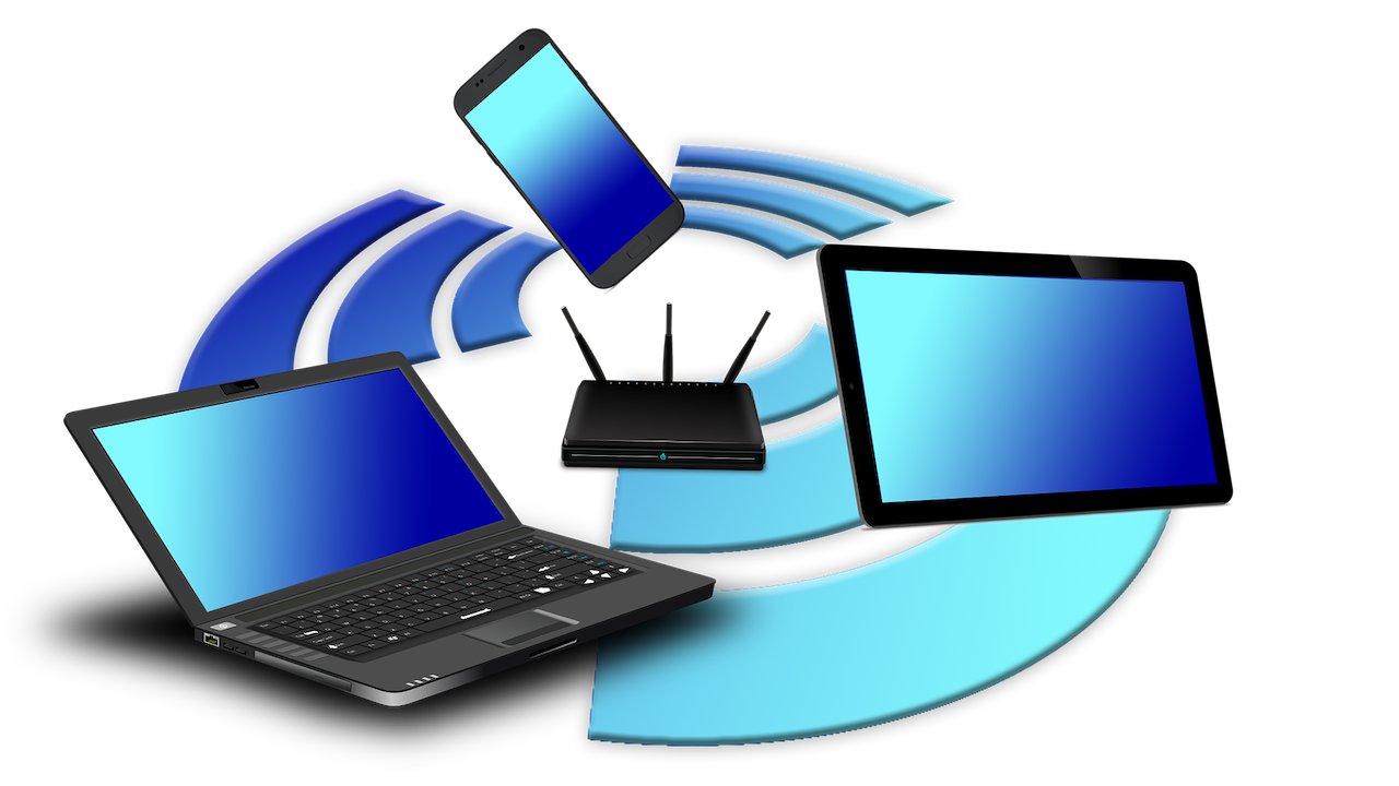 Graphic of laptop, tablet and phone orbiting a wireless router