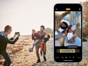 Woman taking photos of man and kids and iPhone in Live mode