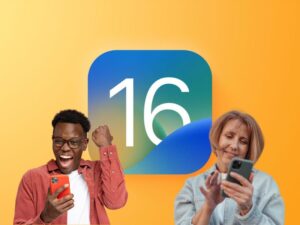 People smiling on phones with iOS16.2 logo