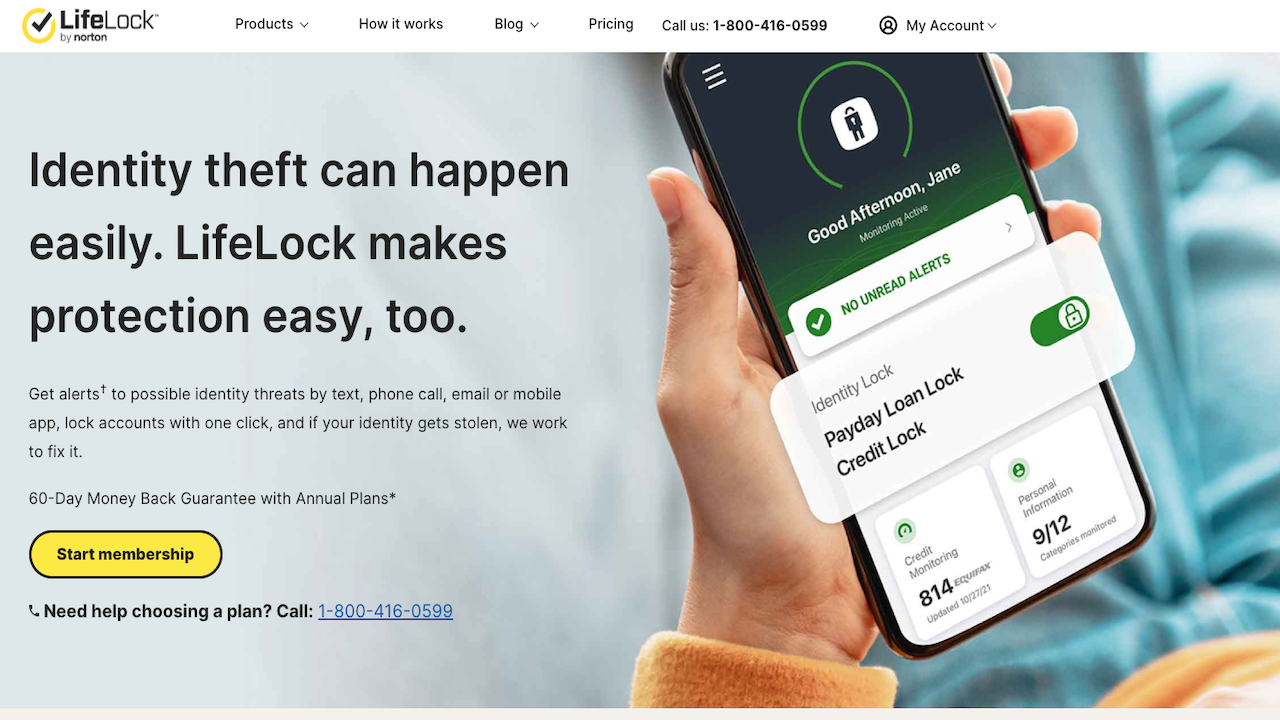 Lifelock logo with a hand holding a cellphone with the lifelock app open