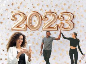 2023 banner with couple high giving and woman smiling at phone
