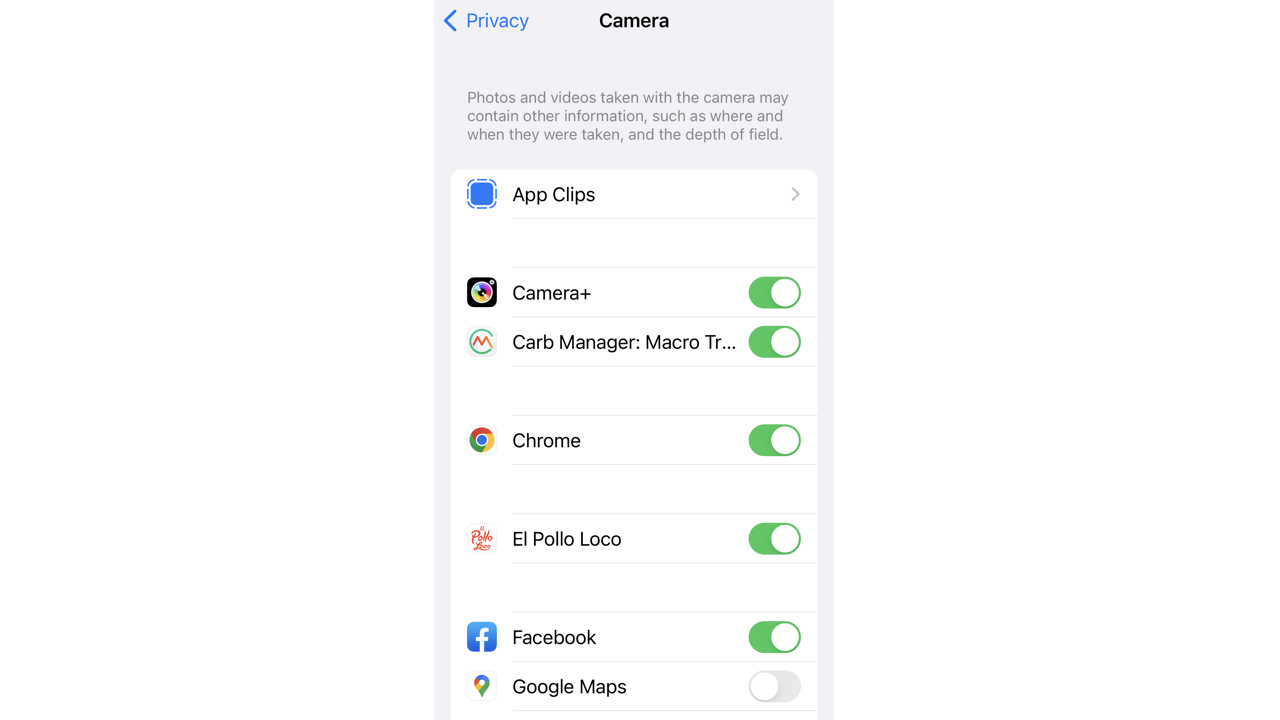 Toggling access to camera for different apps on iphone