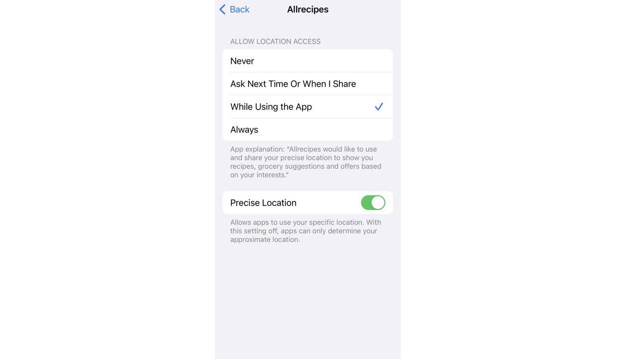 Changing a specific app's location setting