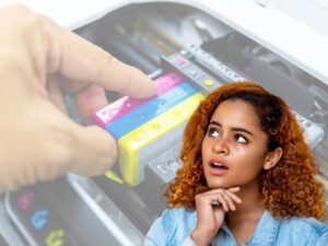 woman considering cheaper ink cartridges