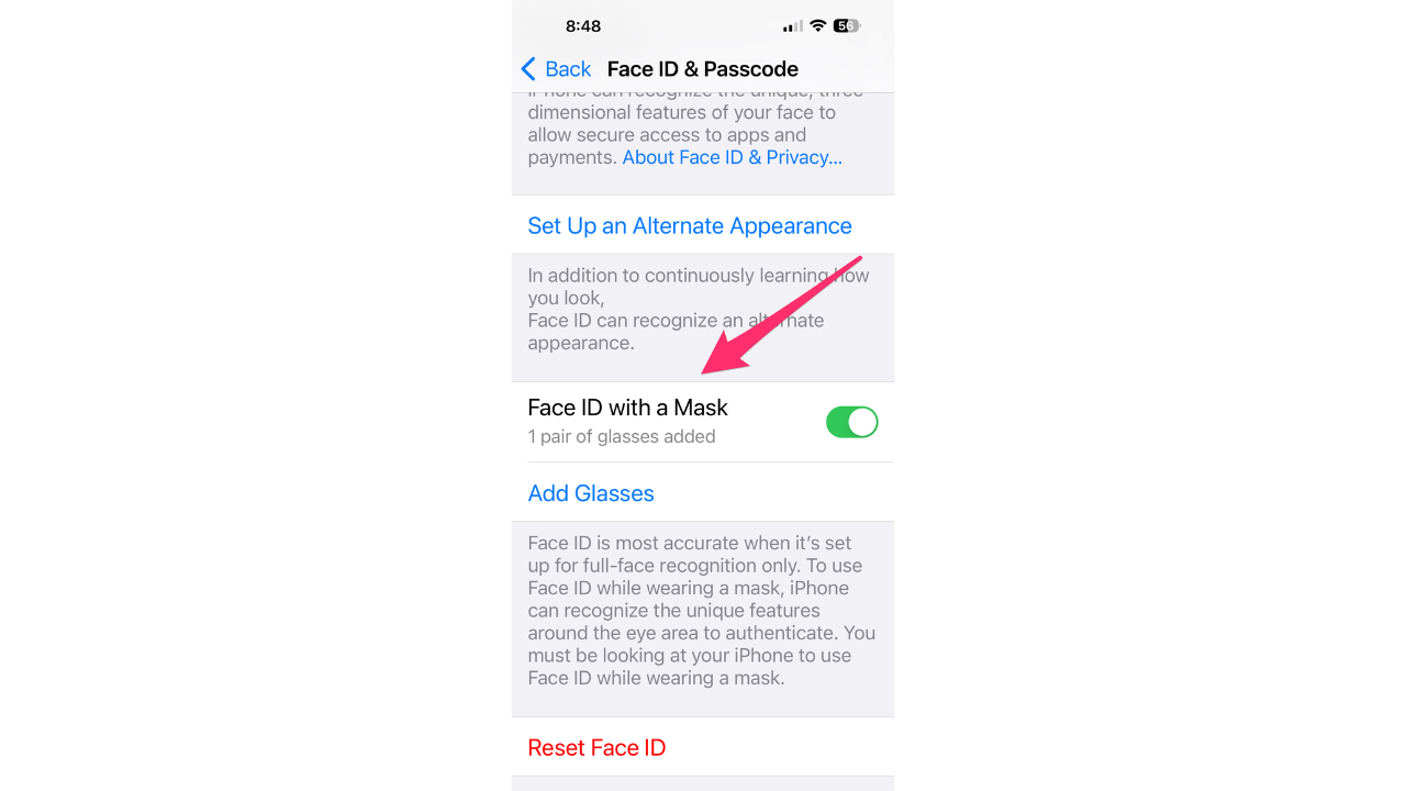face id with a mask option in iphone settings