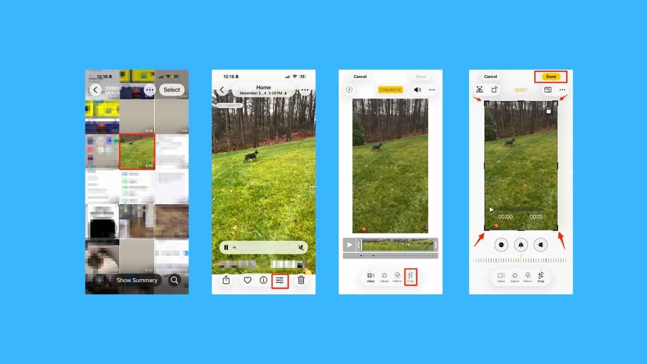 Steps to crop the video manually on iPhone running iOS 26.2