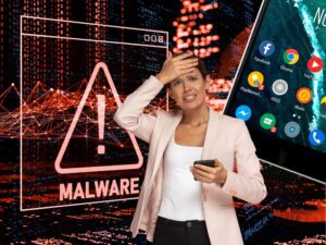 woman with malware on her Android phone apps
