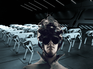 man with headset atop of an army of robodogs