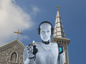 robot in front of a church