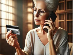 woman reading off her credit card information to a scammer
