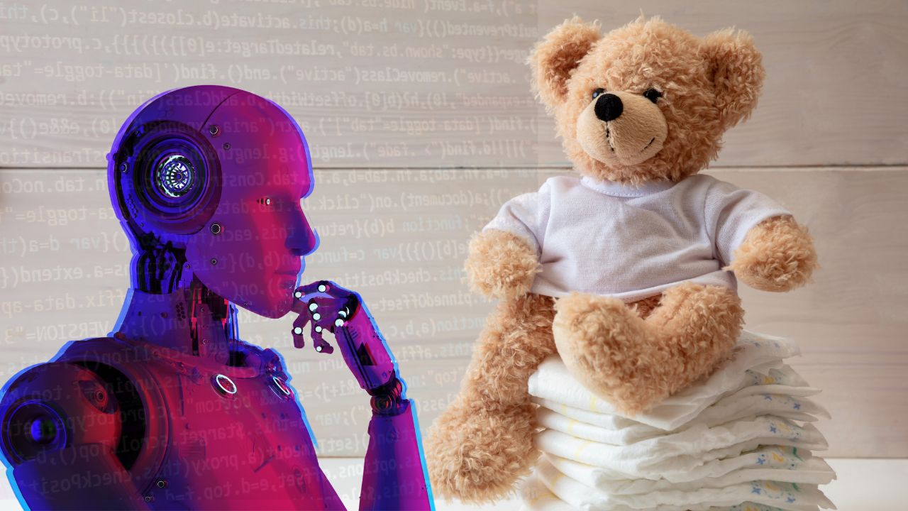 teddy bear next to a robot