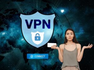 confused woman with vpn graphic