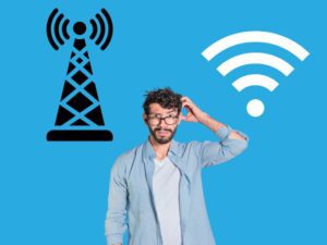 confused man between cell tower and wifi