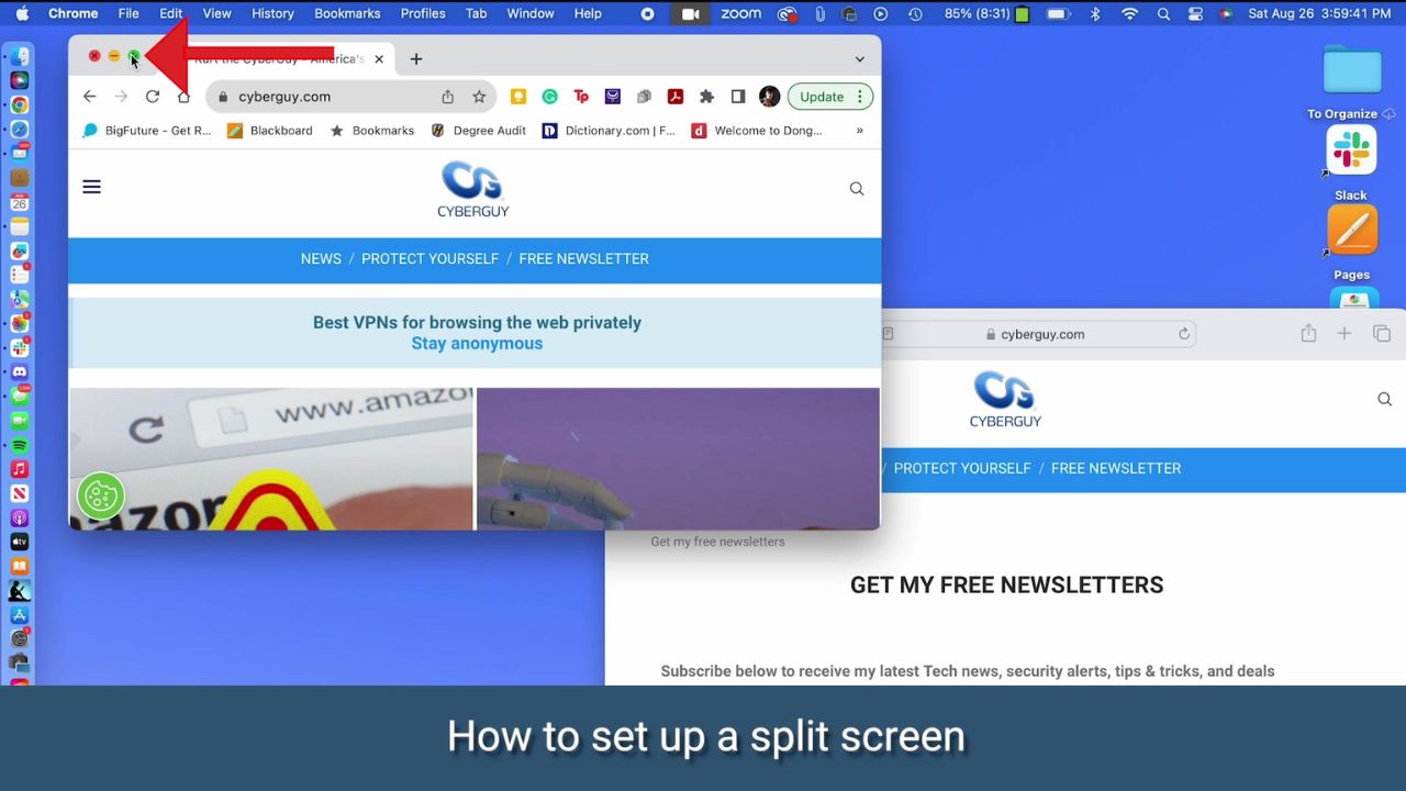 upper right green dot in split screen on Mac 