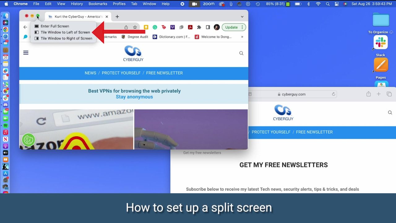 Tile Window to Left of Screen or Tile Window to Right of Screen