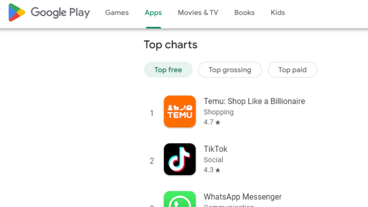 The Google Play Store's top chart, which includes TEMU, TikTok, WhatsApp, Instagram, SHEIN, Max, Cash App, Telegram and Snapchat.