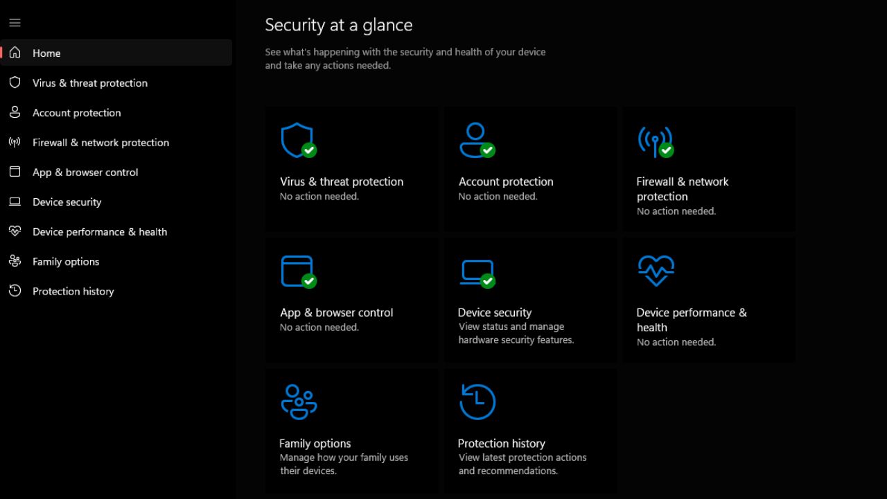 Windows Security menu featuring various options that have a green checkmark next to them.