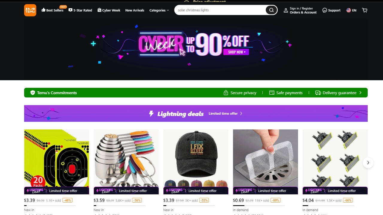 TEMU's home page, featuring an advertisement for it's Cyber Week deals and current lightning deals, which include shooting targets, measuring cups, a hat, drain cover and replacement razor blades.