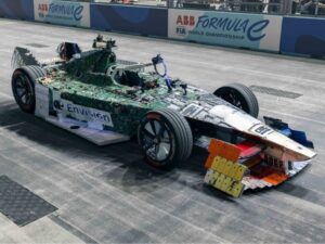 Formula E-waste sports car on racetrack