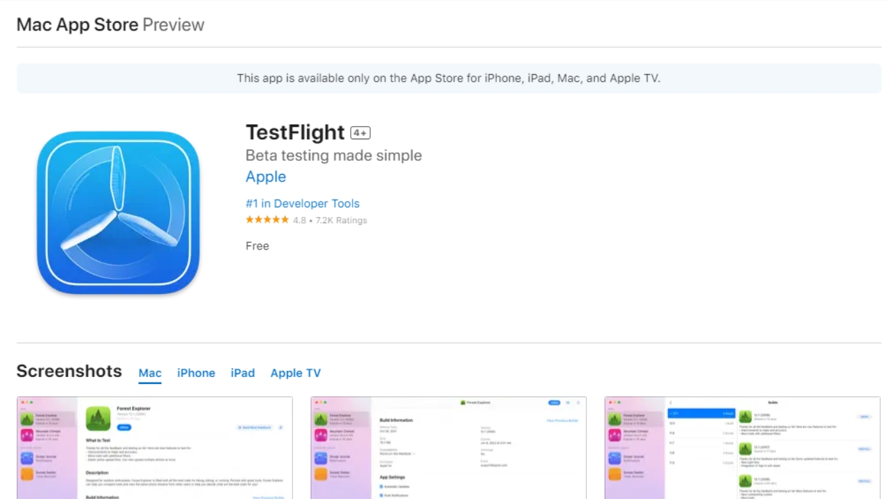 A screenshot of Apple's Mac App Store Preview, showing top developer tool TestFlight.