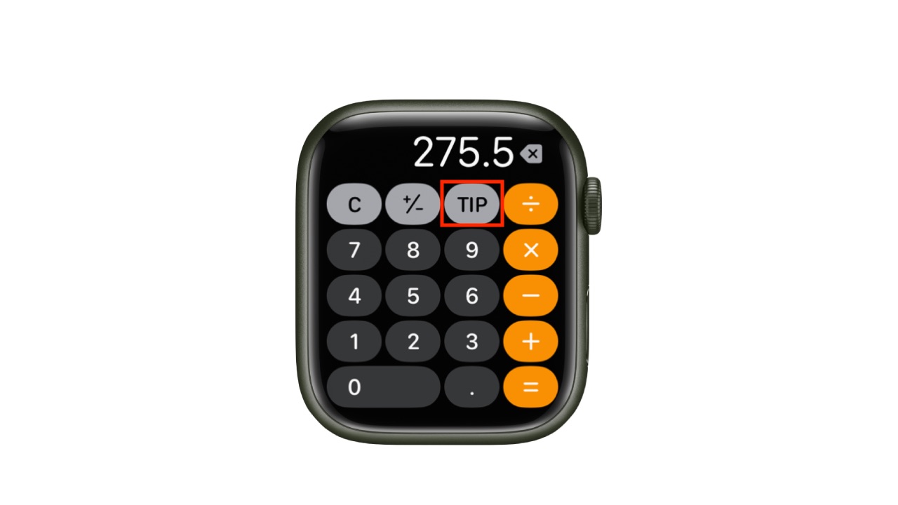 Apple Watch with tip button in calculator app highlighted in red