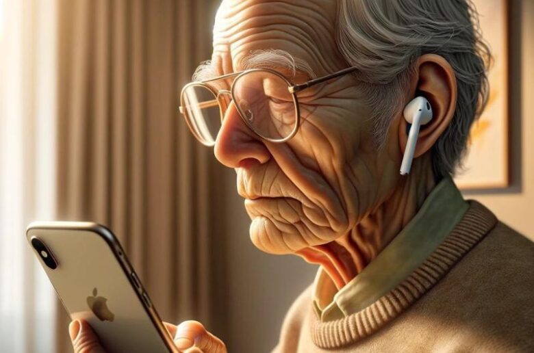 Elderly person using iPhone accessibility features