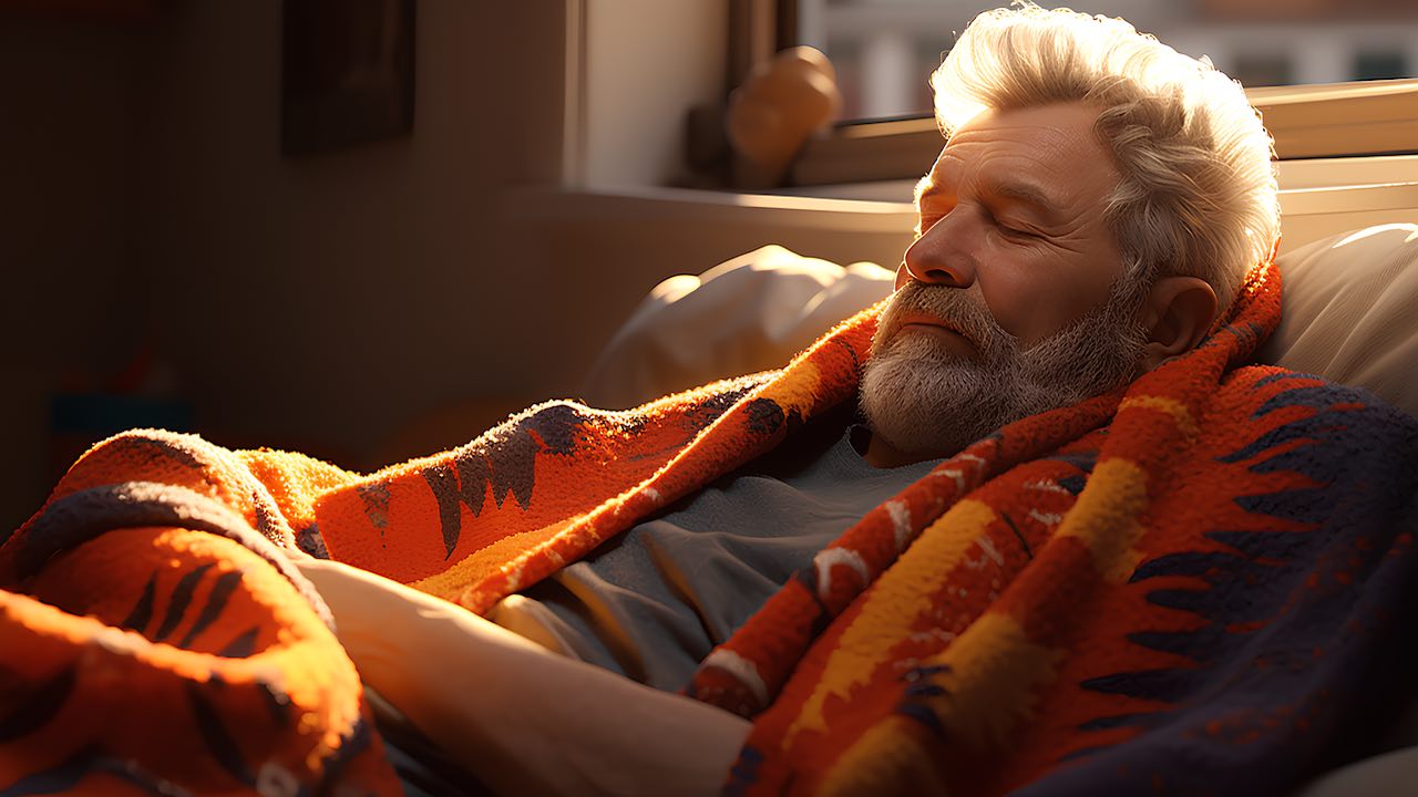 older bearded man warm in orange blanket
