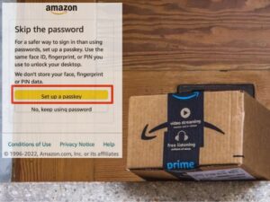 Amazon Passkey steps next to an Amazon package