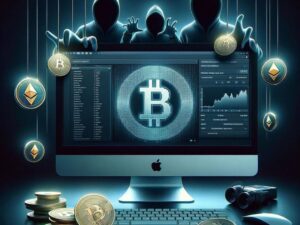 A macOS depicted being attacked by a malware that targets Bitcoin and other cryptocurrency users