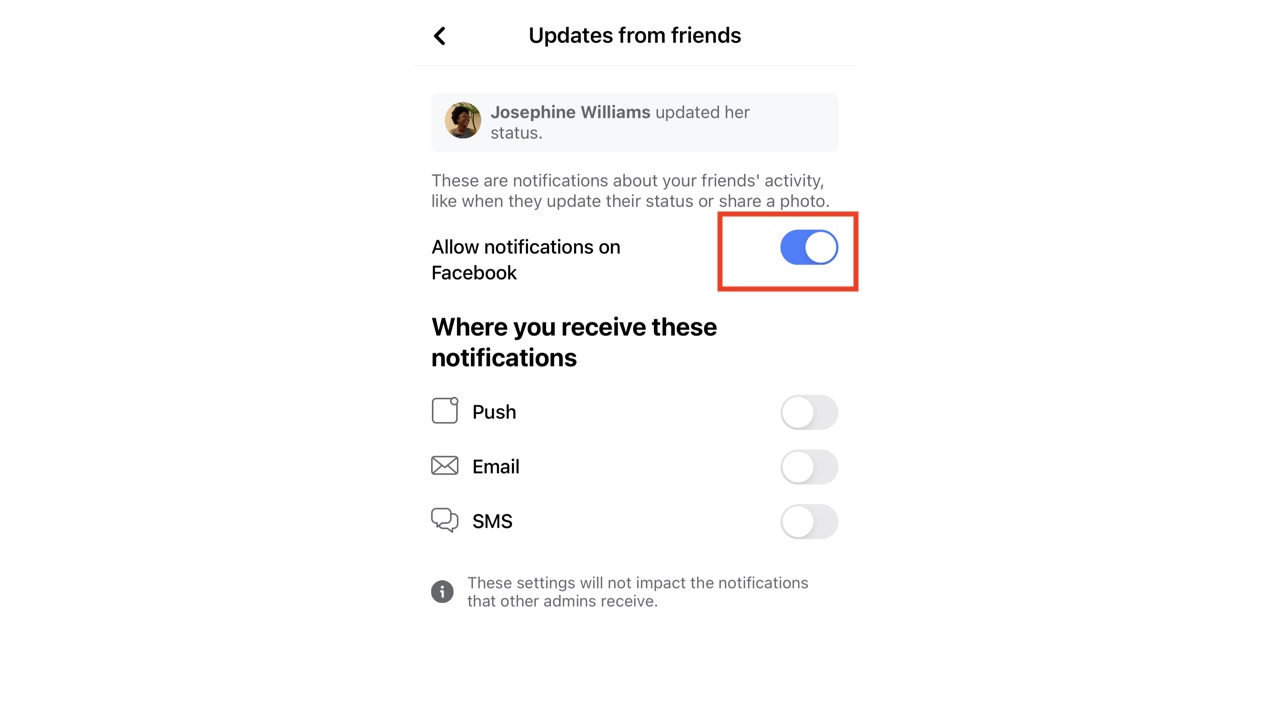 Toggling off notification in Facebook app