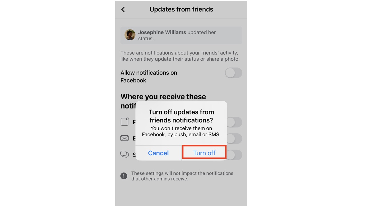 Confirm turning off notification in Facebook App