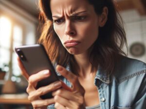 A woman staring at her phone with a frustrated look on her face as she realizes her images and texts have been deleted by the XLoader malware virus