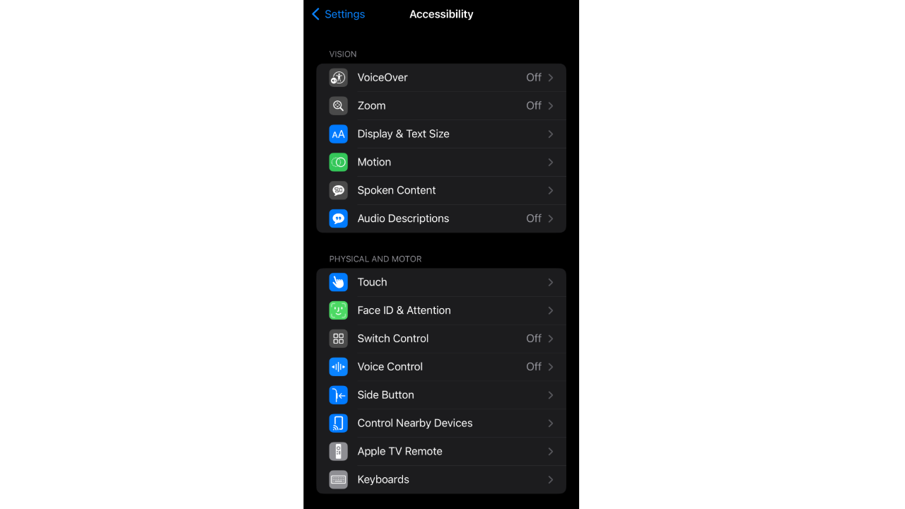 A screenshot of the accessibility settings on iPhone.